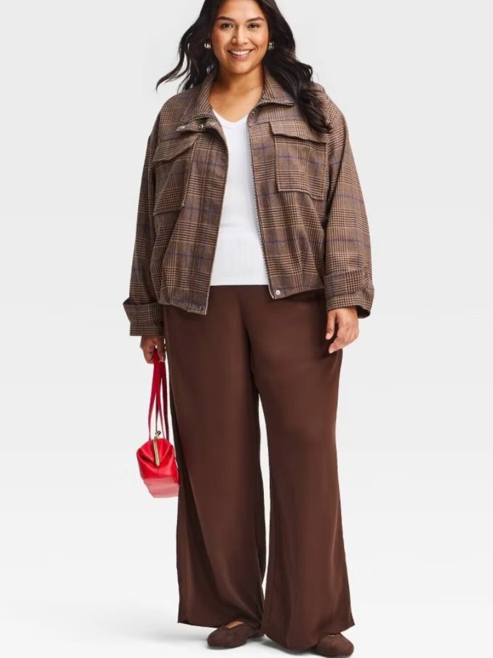 A New Day Women's Plaid Jacket Brown, Cream, Blue Chest Pockets NEW Size L